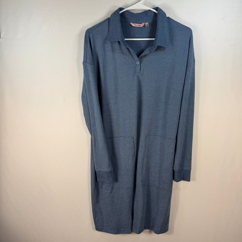 La Vie en Rose Blue Knit Polo Lounge Dress Nightgown Long Sleeve Pockets Small